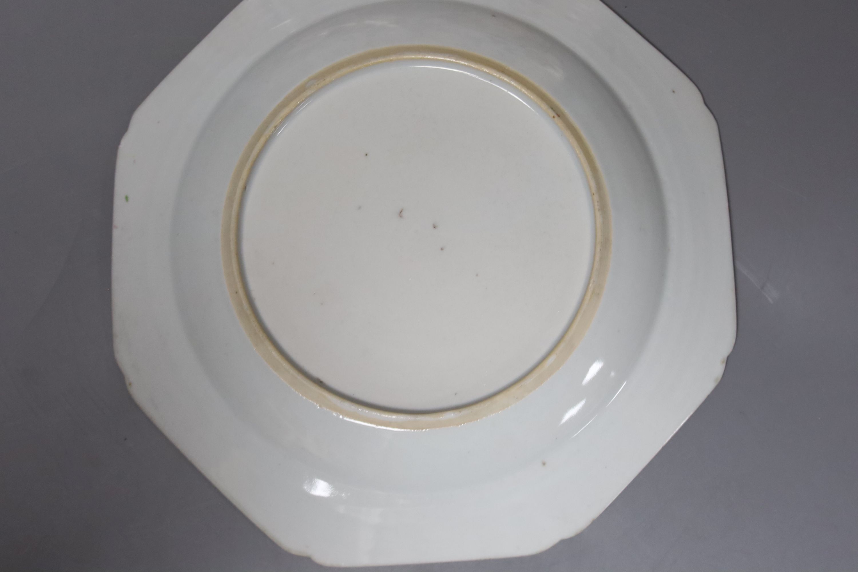 A Chinese Qianlong ‘double peacock’ octagonal plate, 21.5cm and two Imari dishes
